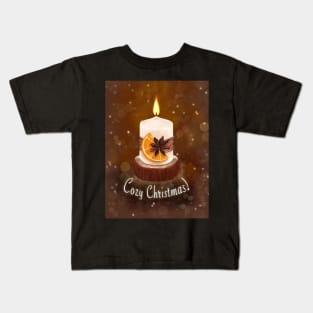 Cozy Christmas greeting Christmas candle among magic lights Kids T-Shirt